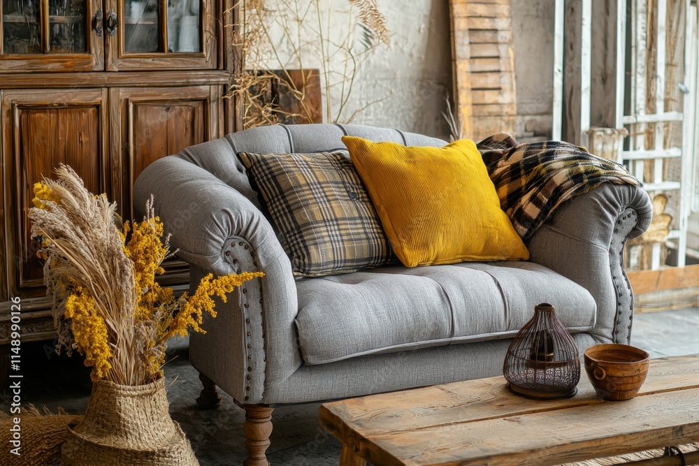 Fototapeta premium The stylish boho composition in a living room interior, providing a perfect balance of design, comfort, and creativity in modern living spaces.