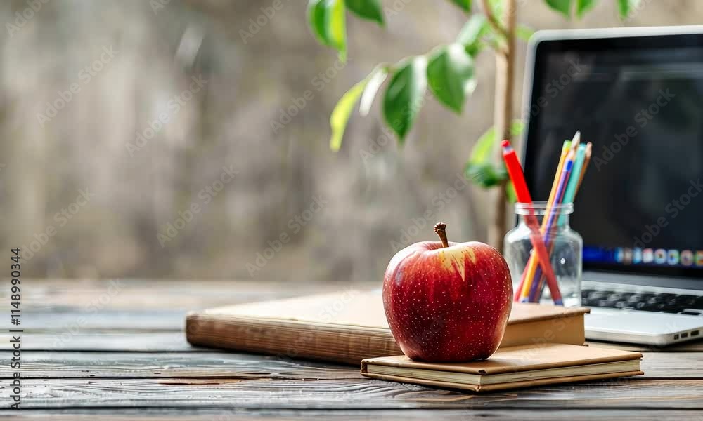 Apple on top of books beside laptop wooden table