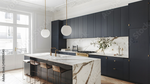Cuisine moderne avec un îlot central en marbre et des luminaires suspendus.