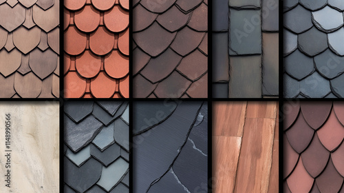 Vielfältige Dachziegelmuster in unterschiedlichen Farben und Texturen

