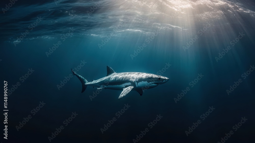 Obraz premium Majestic great white shark in ocean with floating microplastics, highlighting marine threats