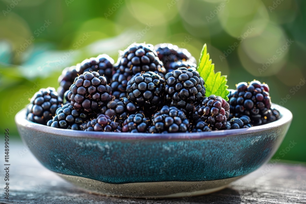 Freshly harvested blackberries in a rustic bowl surrounded by nature on a sunny day Freshly harvested blackberries in a rustic bowl surrounded by nature on a sunny day