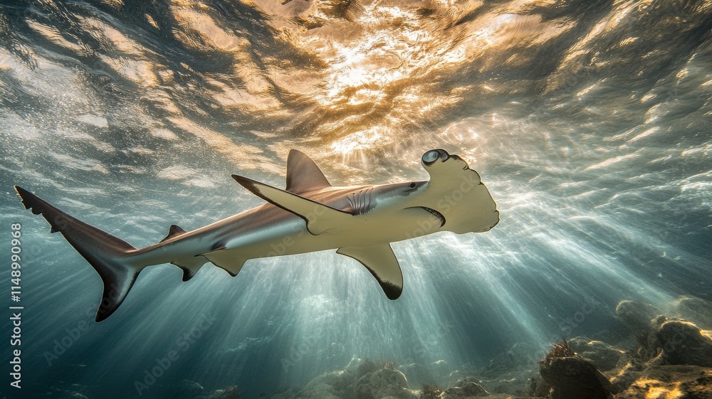 Fototapeta premium Hammerhead shark in open waters with pollutants, showcasing habitat degradation