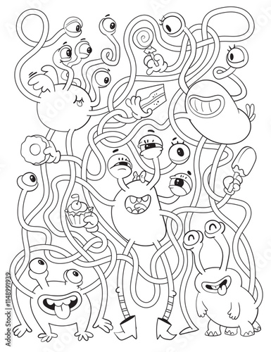 Children logic game to pass the maze. Find candy for the monster. Educational game for kids. Choose right path. Funny cartoon character. Worksheet page. Coloring book