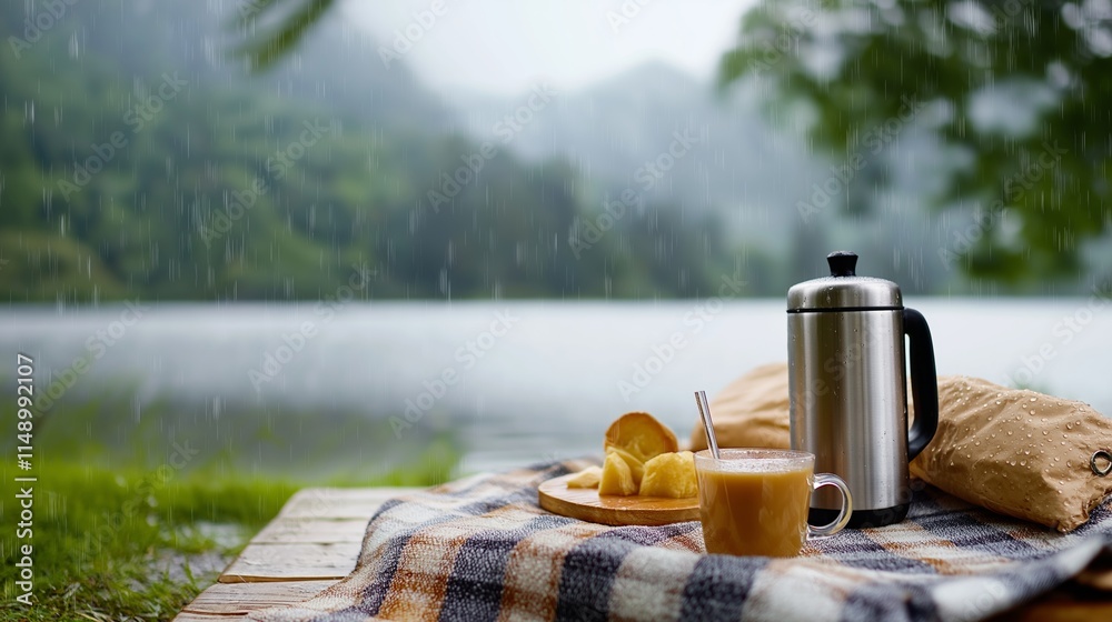 Fototapeta premium Rainy day picnic by the lake. Enjoying coffee and pastries.