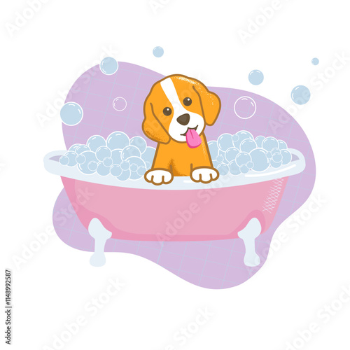 cute puppy in a pink bath on a purple background