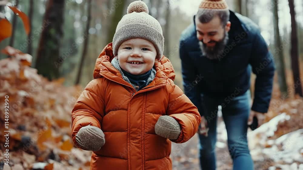 Joyful moment of a child playing in the forest alongside an adult on a chilly day during autumn foliage Joyful moment of a child playing in the forest alongside an adult on a chilly day during autumn foliage