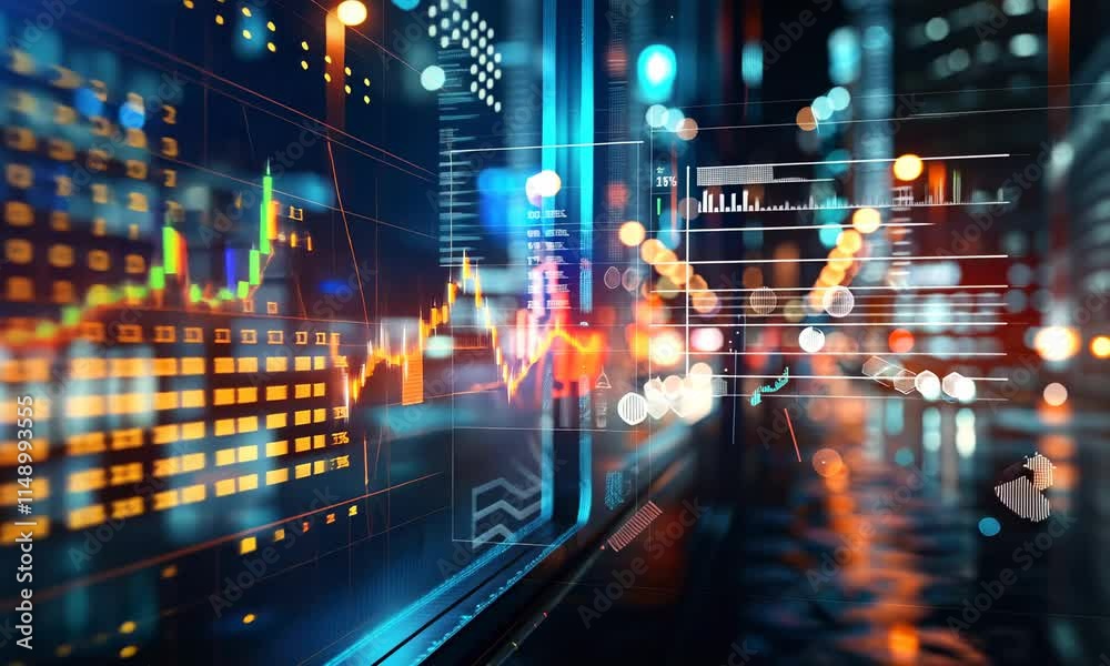 Glowing stock market graphs on digital screen with city at night in background Glowing stock market graphs on digital screen with city at night in background