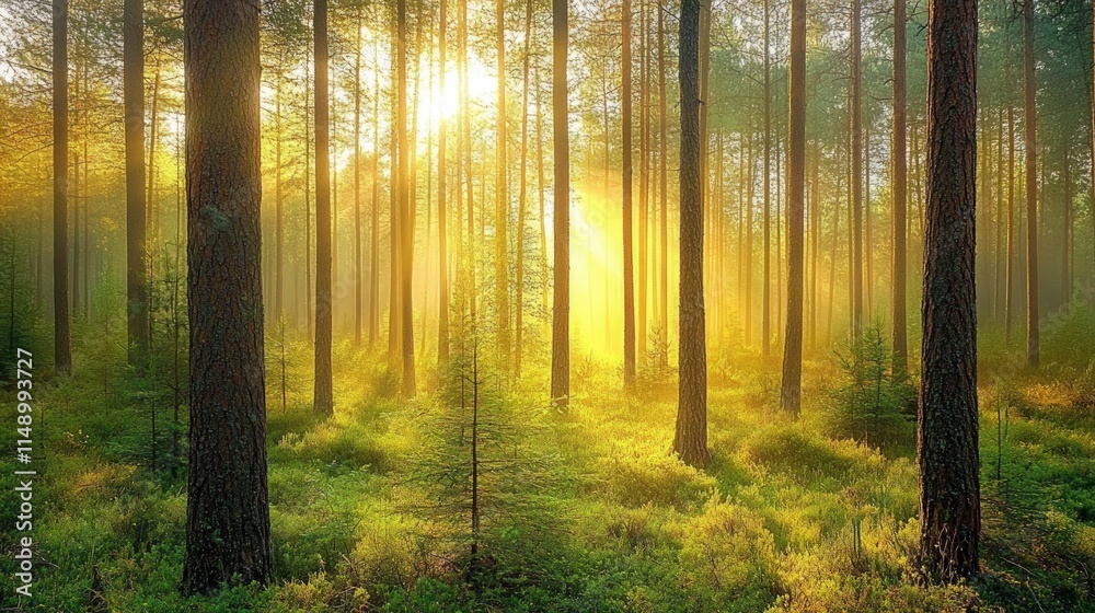 Fototapeta premium Sunlight Streaming Through Trees in a Serene Forest Landscape