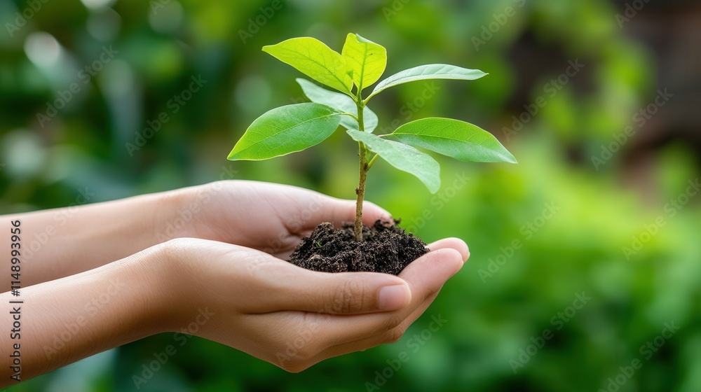 Hands holding small tree seedling against lush green forest background symbolizing sustainability Hands holding small tree seedling against lush green forest background symbolizing sustainability