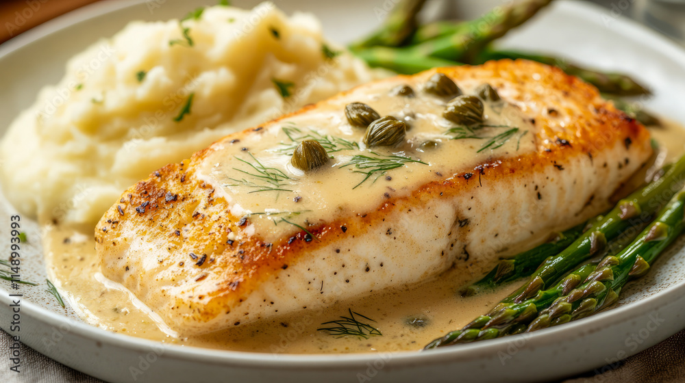 Grilled salmon in creamy dill sauce with mashed potatoes and asparagus Grilled salmon in creamy dill sauce with mashed potatoes and asparagus