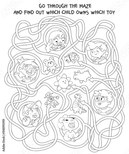 Children logic game to pass the maze. Go through the maze and find out which child owns which toy. Educational game for kids. Choose right path. Funny cartoon character. Worksheet page. Coloring book