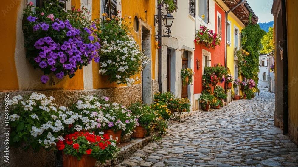 Fototapeta premium Colorful European Alleyway with Vibrant Flowers