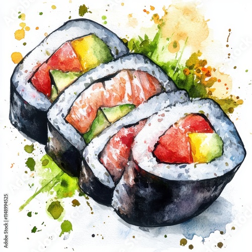 . Sushi Roll Maki with Tuna Top View Watercolor Style   .jpeg