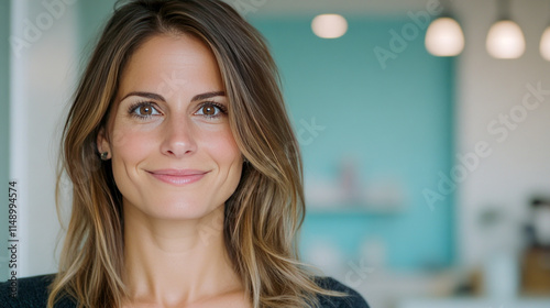 Wallpaper Mural Caucasian adult female smiling in modern bright interior with blurred background Torontodigital.ca