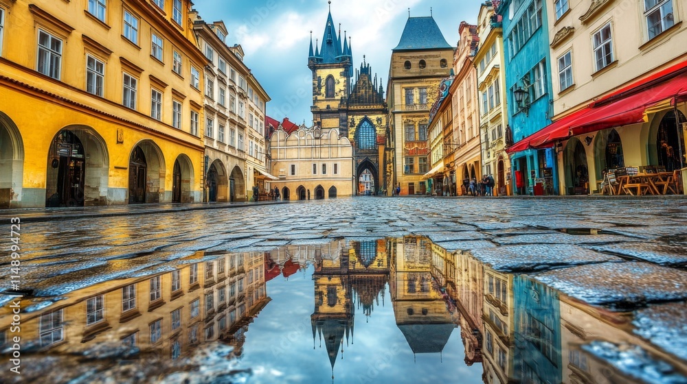 Fototapeta premium Prague's Colorful Cityscape Reflected in a Puddle