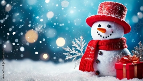 Snowman with Christmas Tree and Ribbon