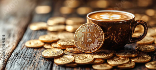 Bitcoin symbol coins and cappuccino on rustic wooden table photo