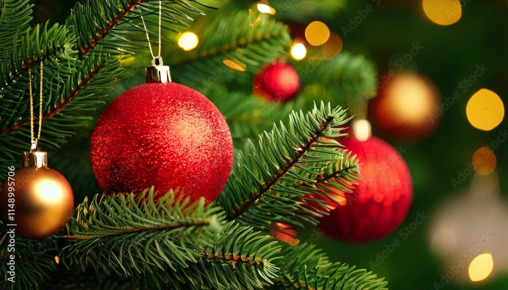 beautiful ornaments on a green Christmas tree beautiful ornaments on a green Christmas tree