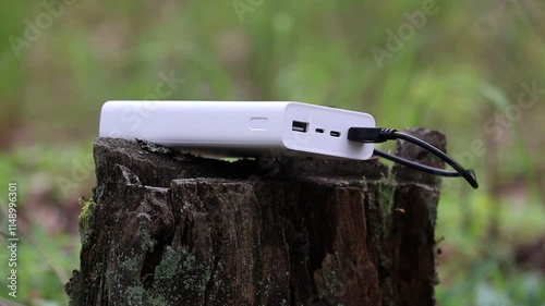 White power bank resting on a tree stump outdoors.