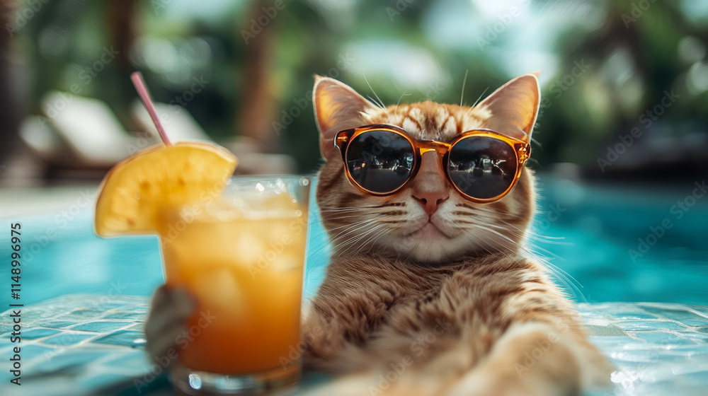 Obraz premium Cool cat relaxing in sunglasses by the pool with a tropical drink