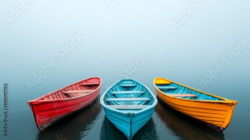 Fog hovering over small fishing boats docked near a village shore photo