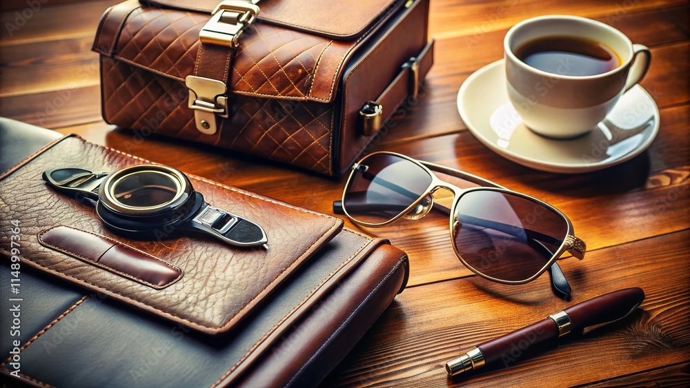 Elegant Businessman's Accessories: Coffee, Gadgets, & Luxury Briefcase - Stock Photo Elegant Businessman's Accessories: Coffee, Gadgets, & Luxury Briefcase - Stock Photo