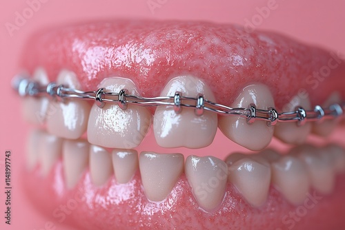 A close-up of a set of teeth with braces, highlighting dental treatment.