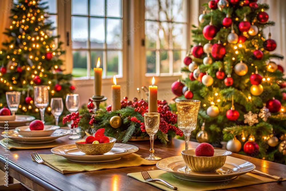Elegant Christmas Table Setting with Decorated Tree: Candid Photography Ideas Elegant Christmas Table Setting with Decorated Tree: Candid Photography Ideas