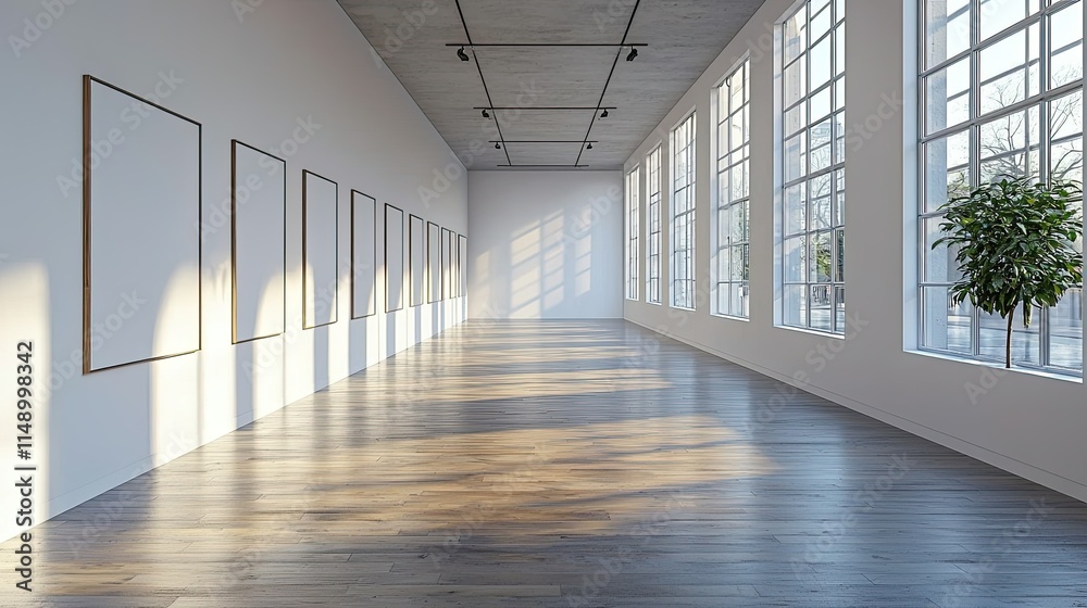 A spacious gallery with large windows and empty frames, ready for artwork display. A spacious gallery with large windows and empty frames, ready for artwork display.