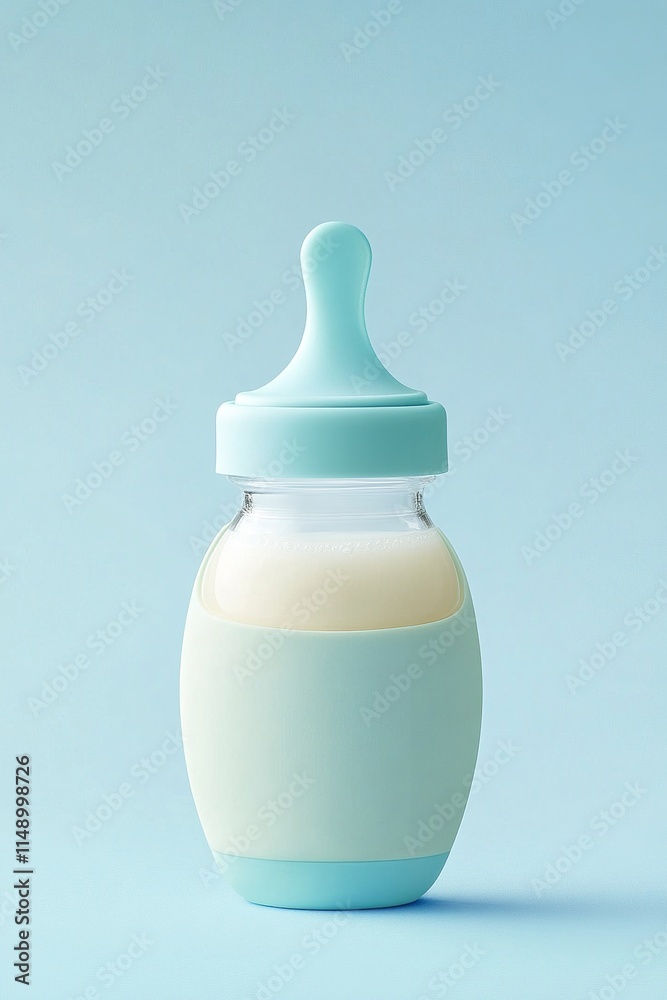 A baby bottle filled with milk, featuring a pastel blue top and ergonomic design A baby bottle filled with milk, featuring a pastel blue top and ergonomic design