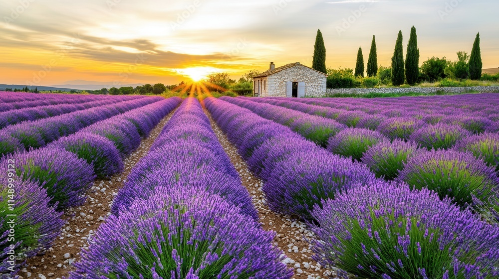 Fototapeta premium Blooming lavender rows at sunset with stone cottage and cypress trees