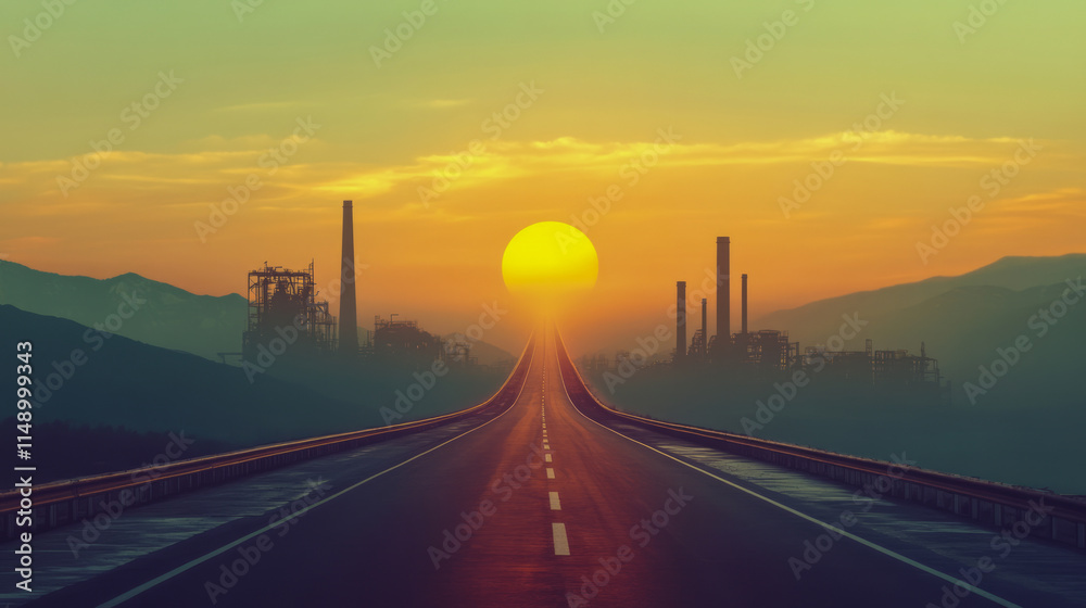 Surreal sunset over endless industrial highway with silhouette of factories Surreal sunset over endless industrial highway with silhouette of factories