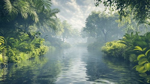 Serene River Flowing Through Lush Jungle with Soft Misty Atmosphere