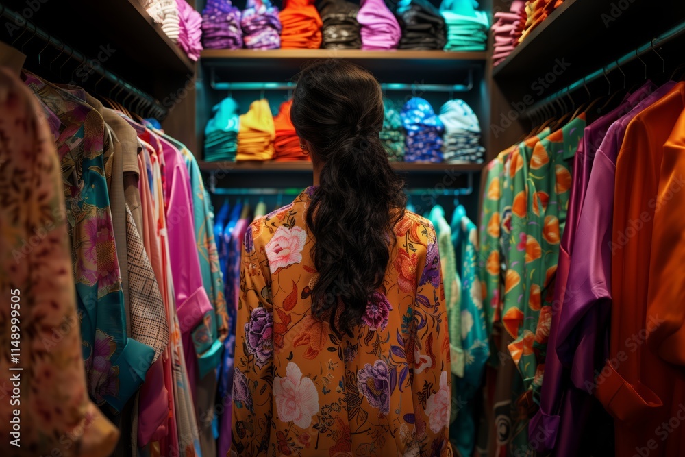A woman in a floral outfit exploring vibrant clothing racks in a boutique store, surrounded by neatly arranged garments. . A woman in a floral outfit exploring vibrant clothing racks in a boutique store, surrounded by neatly arranged garments. .