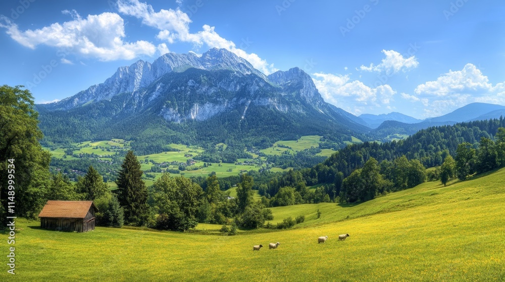 Obraz premium Serene Alpine Valley Landscape with Sheep