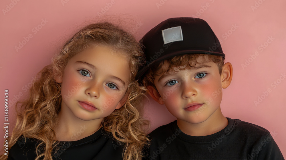Young caucasian children with curly hair posing against pink background Young caucasian children with curly hair posing against pink background
