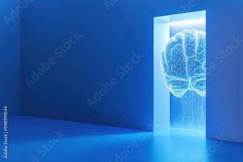 Futuristic mental health concept with gloving low polygonal human brain and protective shield isolated photo