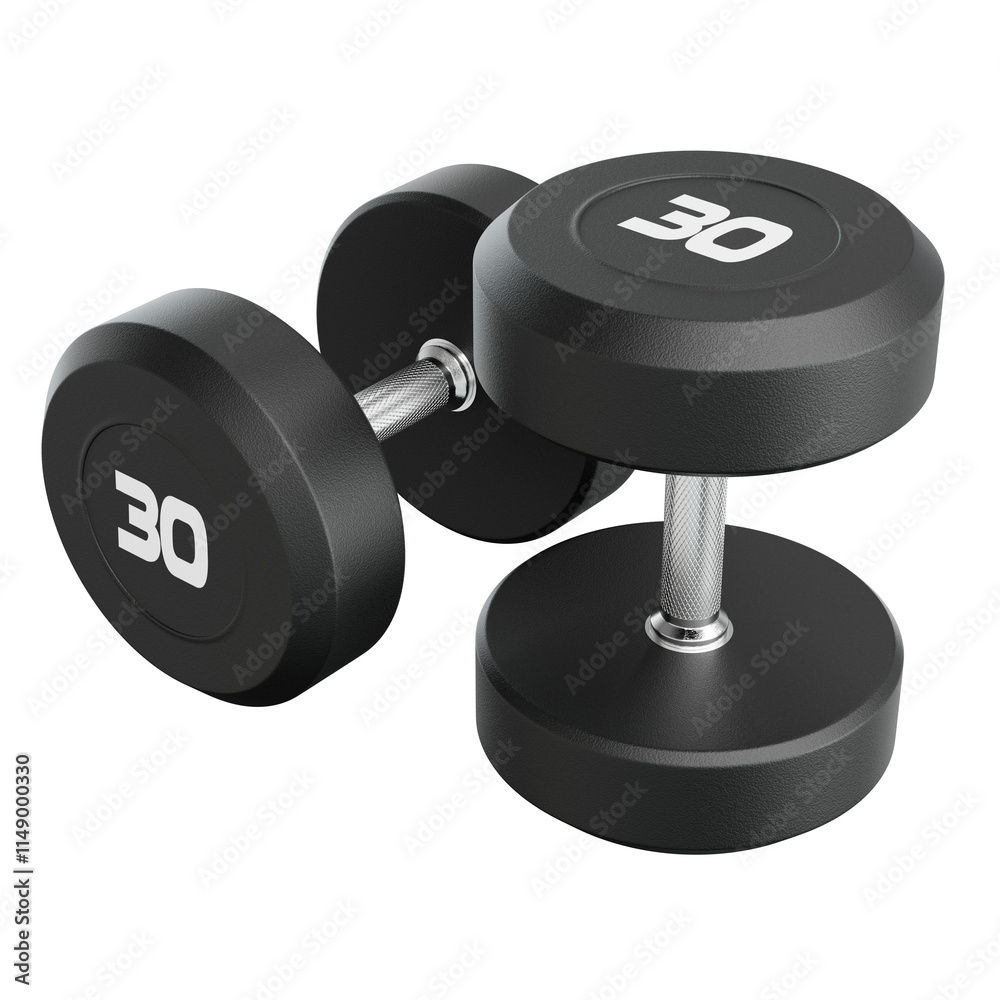 Two Blank Round Rubber Dumbbells with number , weightlifting gym equipment side view, isolated on white background. 3D illustration Two Blank Round Rubber Dumbbells with number , weightlifting gym equipment side view, isolated on white background. 3D illustration