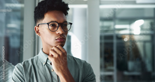 Office, thinking or serious man with ideas, vision or future plan for creative problem solving or choice. Startup, reflection or designer daydreaming of business growth, inspiration or opportunity