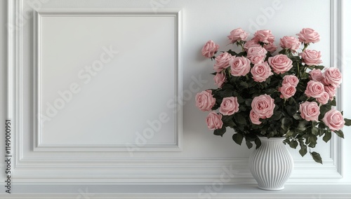 Classic Elegance: A bouquet of delicate pink roses in a white vase adds a touch of romance and sophistication to a minimalist interior, creating a serene and inviting ambiance.