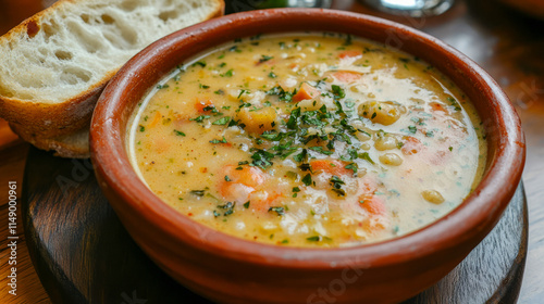 Hearty lentil and vegetable soup in rustic clay bowl with bread