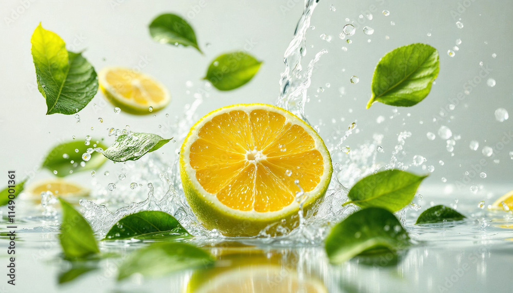 Fresh lemon and leaves create a splash in water, showcasing vibrant colors and dynamic movement during a bright day