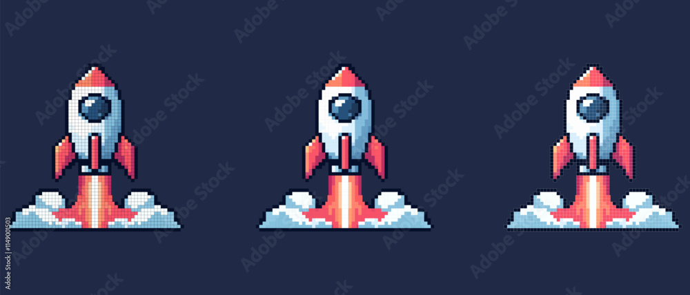 Fototapeta premium Pixel art of a rocket ship launching into the sky white with red accents and circular window solid dark blue background