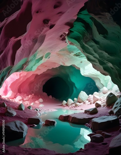 A large cosmic portal in the middle of an ancient pink cave, the walls made out with rocks, the ground is reflective white, magical and iridescent light reflections, high detail photo