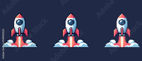 Pixel art of a rocket ship launching into the sky white with red accents and circular window solid dark blue background