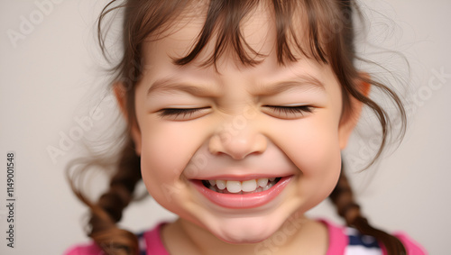 Adorable little girl making a funny face with her scrunched up nose and closed eyes, full of joy and playfulness. photo