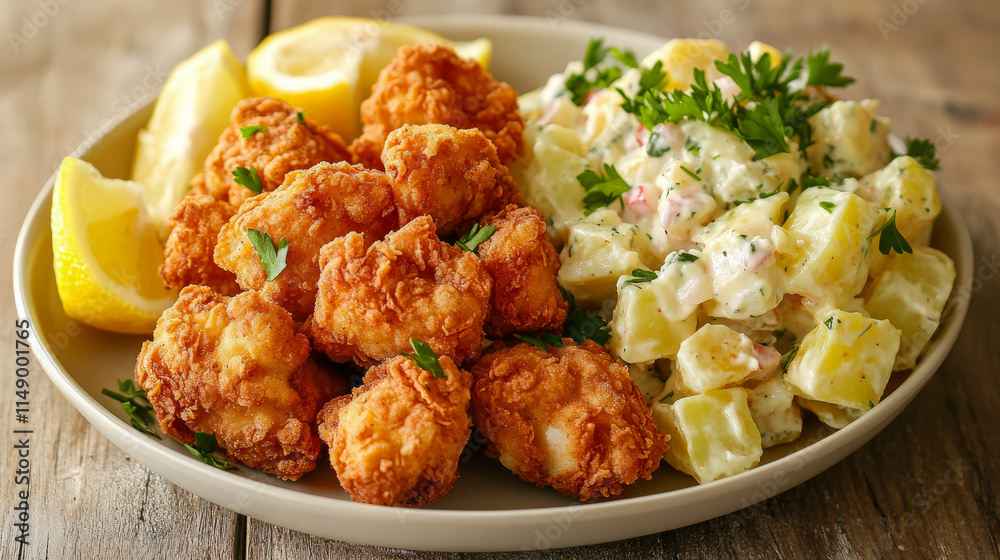 Crispy fried shrimp with creamy potato salad and lemon wedges on plate Crispy fried shrimp with creamy potato salad and lemon wedges on plate