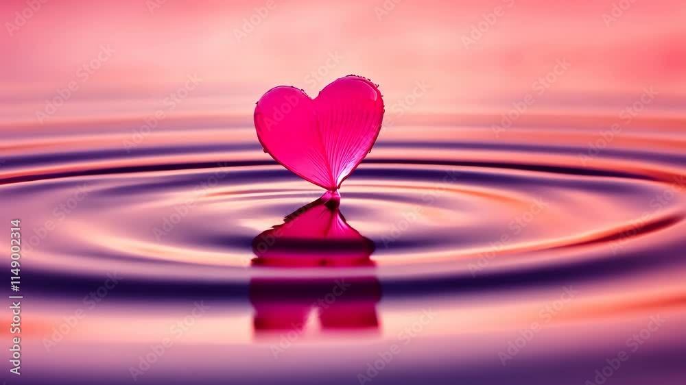 Romantic heart petal floats on tranquil water during sunset, creating beautiful ripples and reflections Romantic heart petal floats on tranquil water during sunset, creating beautiful ripples and reflections