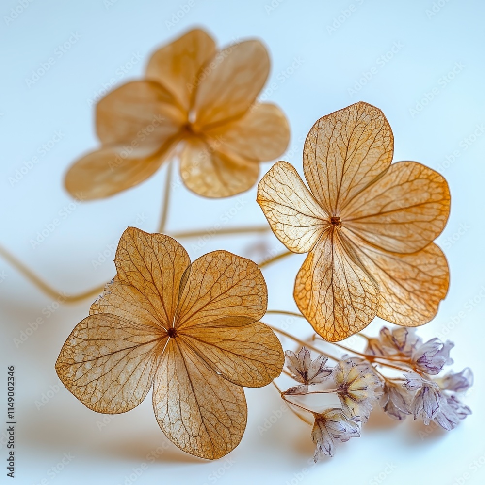 Fototapeta premium Dried Hydrangea Flowers, Delicate Floral Pattern on White Background, Tan and Brown, Natures Beauty